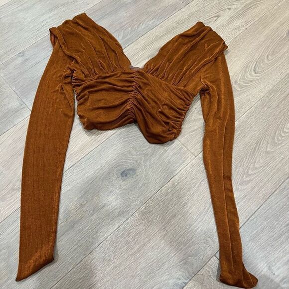 House of Harlow 1960 Women's Brown Ruched V-Neck Long Sleeve Crop Top Small - Picture 4 of 4